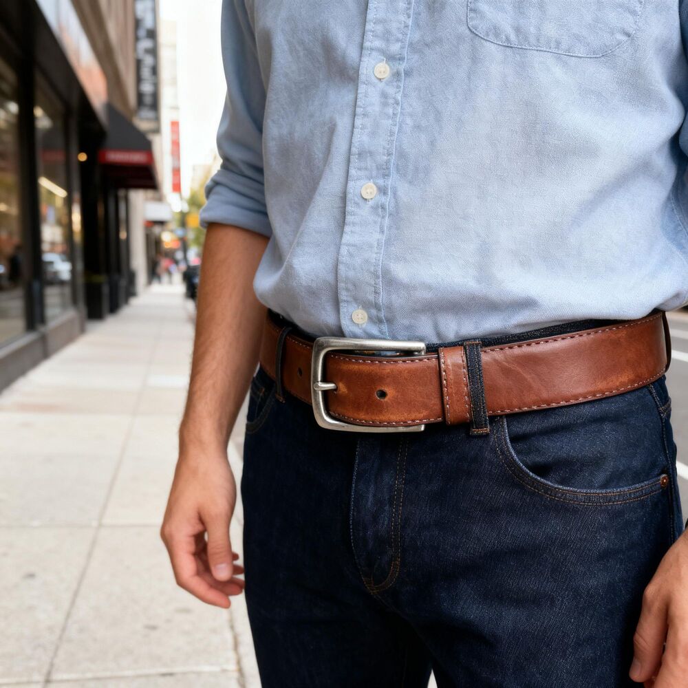 Columbia Mens Size 42 Brown Leather Belt Gun Metal Buckle Logo